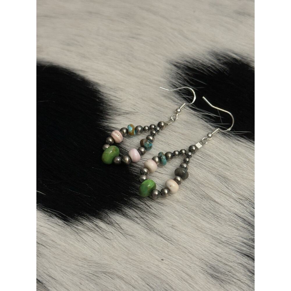 Native American Sterling Silver Navajo Pearl Pink Conch Turquoise Green Earrings - Picture 5 of 7